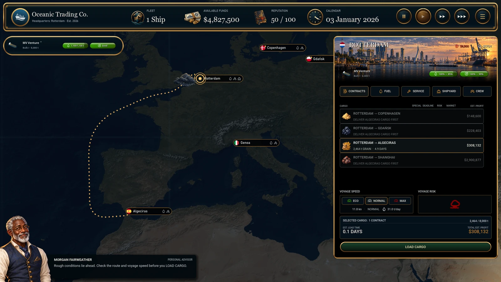 Rotterdam freight contracts with a route to Algeciras, cargo capacity, voyage speed and estimated profit
