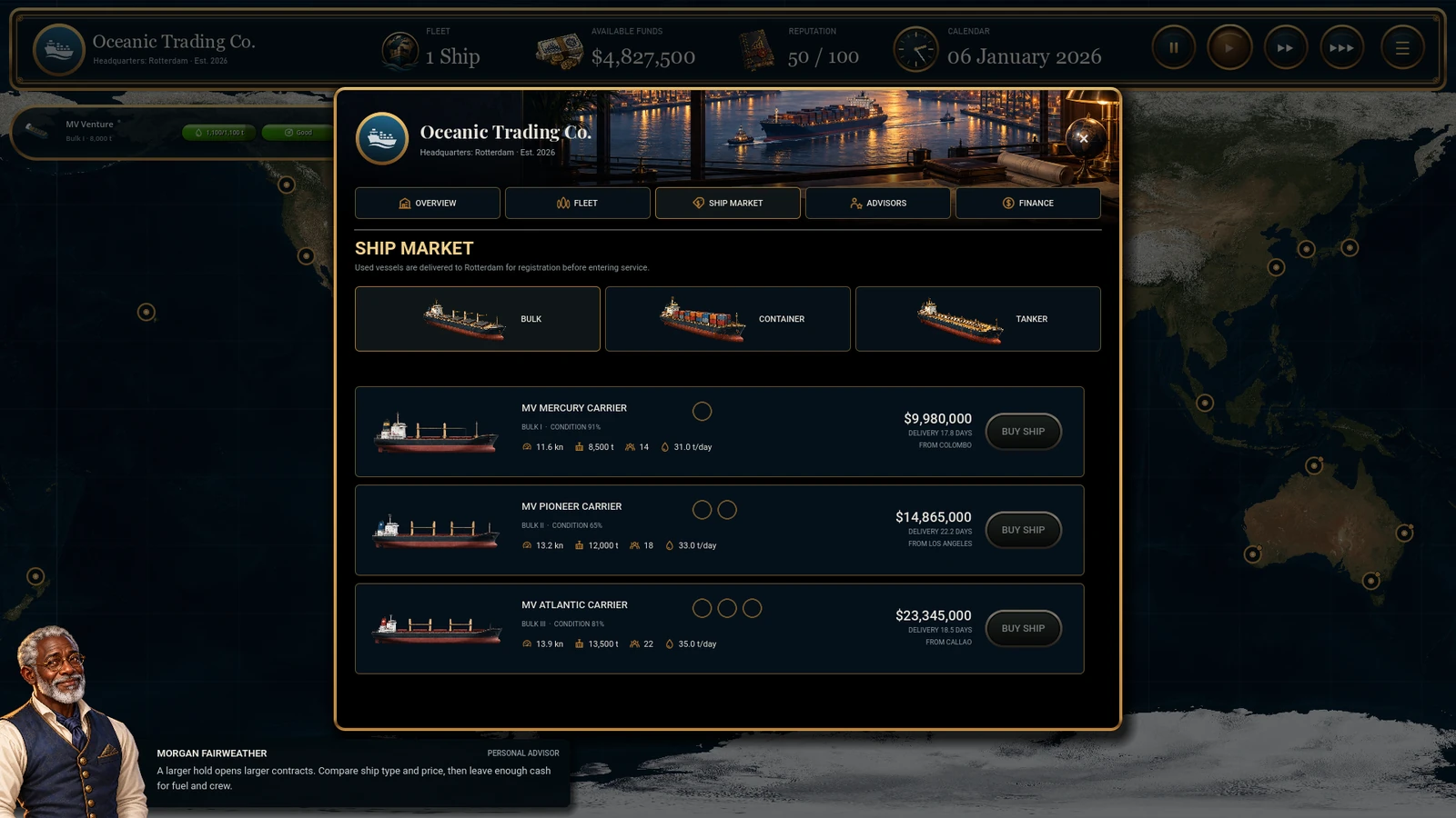 Headquarters ship market with bulk, container and tanker categories and used bulk carriers for sale
