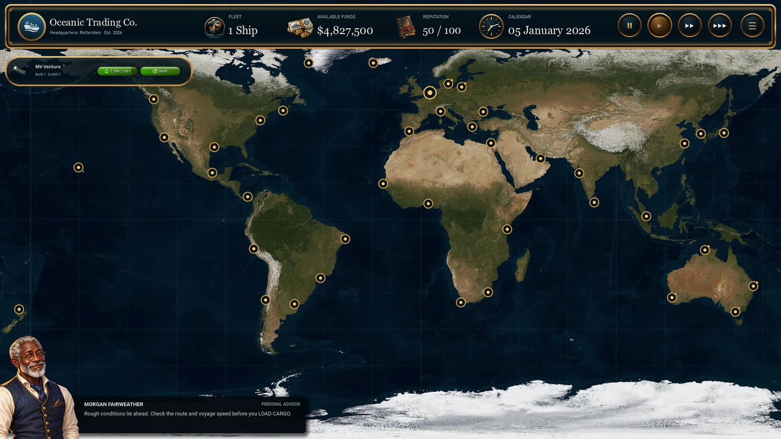 Sea of Commerce world map with global ports, company funds and the ship MV Venture