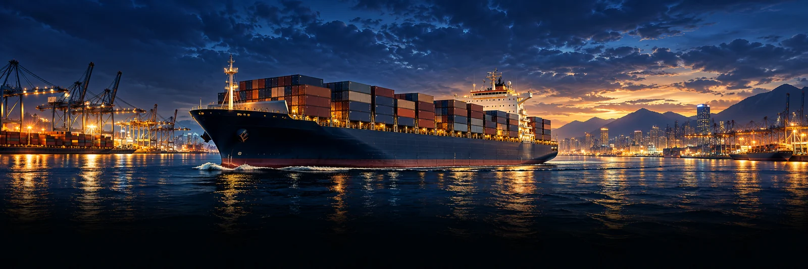 Container ship sailing through a harbour at sunset